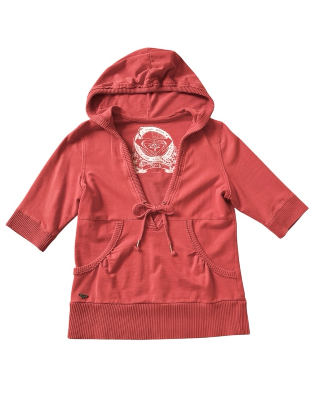 Roxy Short Sleeve Hoodie Burnt Orange Pockets V Neck Size M - Picture 2 of 10